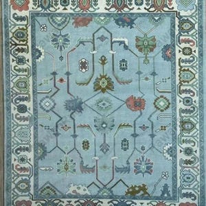 Hand Knotted Oushak Rug: 9x12 Baby Blue Wool Rug