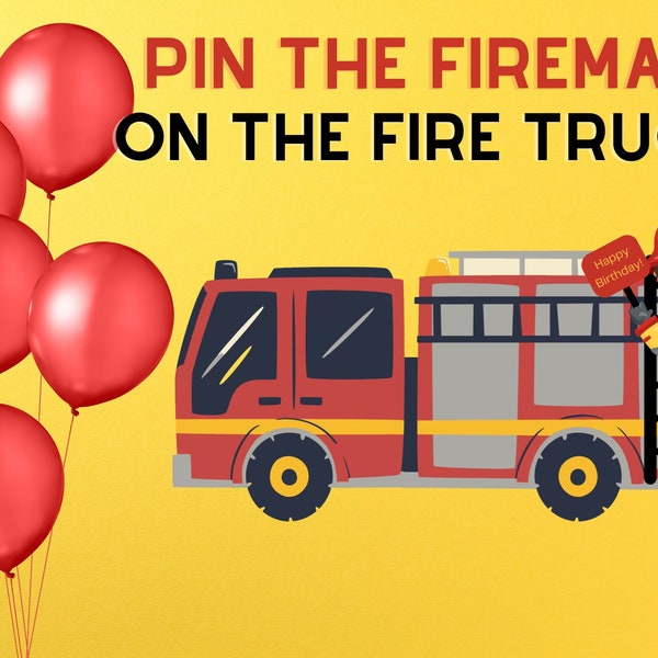 Pin the Fireman on the Fire Truck, Boy Birthday Party Game, Pin the Tail Game, Boy Birthday, Fireman