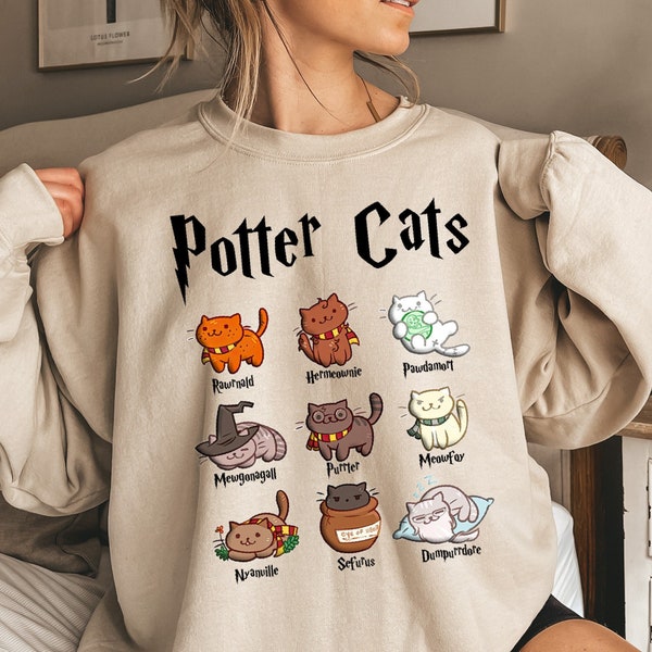 Sweat-shirt Potter chats, pull chats rigolos, chats mignons, cadeau pour propriétaire de chat, cadeau poterie, amoureux des livres sorcier mignon et confortable, amoureux des chats, cadeau d'anniversaire