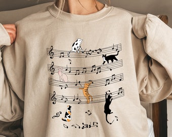 Cat And Music Notes Sweatshirt, Funny Musician Sweater, Cat And Music Lover Sweatshirt, Cat Playing Music Note Sweater, Kitty Sweatshirt