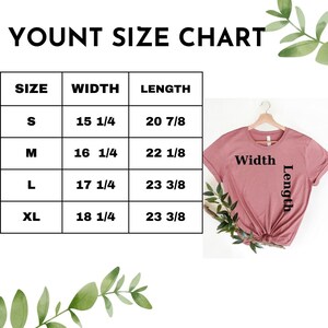 May include: A size chart for a t-shirt with measurements in inches. The chart shows the width and length of the shirt in sizes S, M, L, and XL.