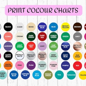 May include: A color chart with 48 different color swatches, each with a name printed below. The colors include white, black, clear, beige, bright blue, blue, bright yellow, brown, burgundy, cobalt blue, coral, cream, dark green, dark red, forest green, green, grey, hot pink, ice blue, lavender, light green, light red, lilac, lime green, metallic blue, metallic copper, metallic gold, metallic red, matte black, metallic white, metallic silver, metallic rose gold, mint green, navy blue, old gold, orange, pastel green, pastel orange, pink, plum, powder blue, powder pink, purple, red, red orange, robin egg blue, royal blue, sapphire blue, sky blue, swamp green, teal, turquoise, and yellow.