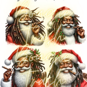 Puede incluir: Cuatro ilustraciones digitales de un Papá Noel negro con rastas, vistiendo un traje rojo y una barba blanca, sosteniendo un cigarro en su mano. El fondo es blanco.
