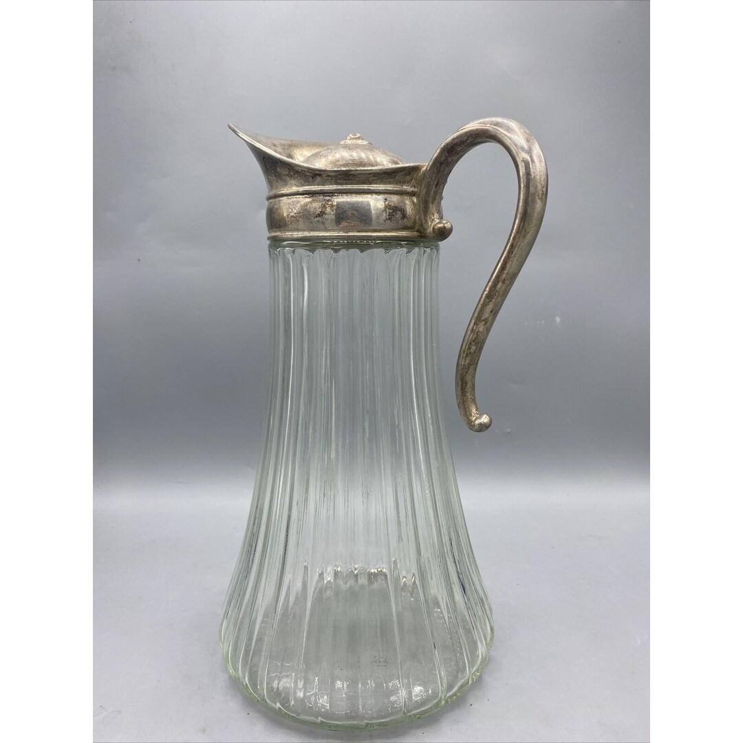Vintage Ribbed Glass Water Pitcher With Silver Plate Lid Etsy