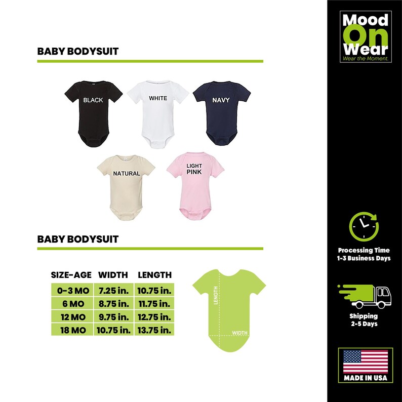 Puede incluir: Una exhibici&oacute;n de bodies para beb&eacute;s en negro, blanco, azul marino, natural y rosa claro. La imagen incluye una tabla de tallas con medidas en pulgadas de ancho y largo, que van de 18,4 cm a 27,3 cm de ancho y de 27,3 cm a 34,9 cm de largo.