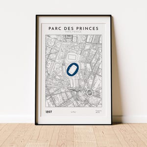 Mapa stadionu Parc des Princes do wydrukowania w wersji cyfrowej do pobrania Sztuka ścienna do piłki nożnej w Paryżu Nowoczesny minimalistyczny prezent dla PSG do wydrukowania Dekoracja dla kibica piłki nożnej
