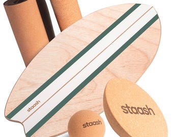 Houten balansbordset voor volwassenen – berkenhouten plank, kurken rol, bal, halvemaan en mat, core stability trainer kit, trainingsapp