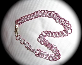 Enchanting Chain Maille necklace; Demi Persian design; Lightweight Aluminum links; Easy access Lobster Claw Clasp; Pink; AOE Jewelers.
