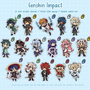 Peut inclure: Un ensemble de 15 breloques acryliques double face représentant des personnages du jeu vidéo Genshin Impact. Les breloques mesurent 5 cm de diamètre et ont une finition époxy brillante. Les personnages sont représentés dans un style chibi et sont colorés et détaillés.