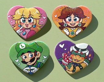 Mario Heart Pin Buttons : Princess Peach / Daisy / Luigi / Bowser