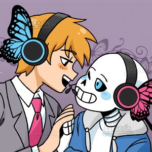 May include: A cartoon illustration of two characters, one with a blue butterfly on their head and the other with a pink butterfly on their head, both wearing headphones. The character with the blue butterfly is wearing a grey suit and a pink tie. The character with the pink butterfly is wearing a blue shirt and a white skeleton.
