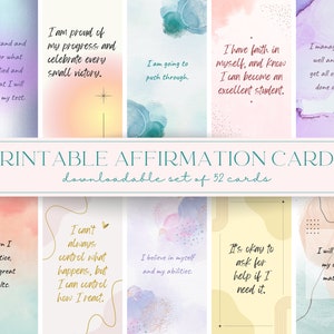 PRINTING Baraja de cartas de afirmaciones positivas coloridas, estéticas, imprimibles y descargables para niños, estudiantes y adultos (Manifestación; paquete de 52)
