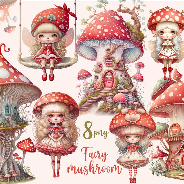 Mushroom house clipart, Mushroom Fairy clipart, cute Fly Agaric girl gnome PNG, fantasy Fairyland, Enchanted forest clip art, commercial use