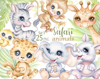 Safari Animals Watercolor clipart, Cute Jungle Baby Animals Clipart, Elephant Leopard Monkey Giraffe Rhino Zebra PNG, Digital Nursery Art