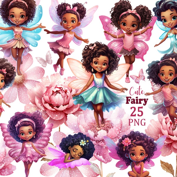 Black Fairy clipart, Black fairies with butterfly wings PNG clip art, African American Fairy Garden glitter pink flowers, black baby girl