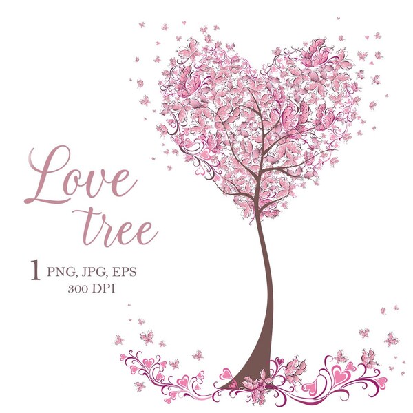 Arbre généalogique PNG, coeur arbre PNG, clipart arbre de vie, arbre de l'amour, arbre floral rose et papillon, faire-part de mariage, carte de la Saint-Valentin png EPS