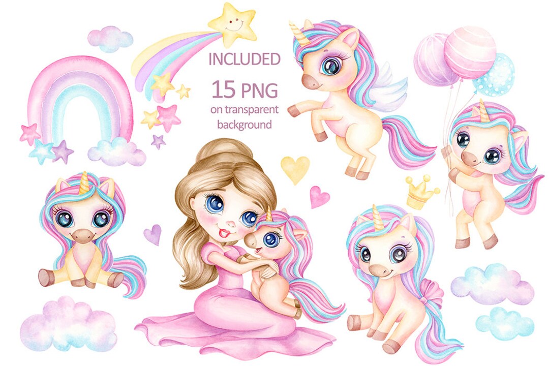 Unicorn Watercolor Clipart Cute Unicorn PNG Baby Princess - Etsy