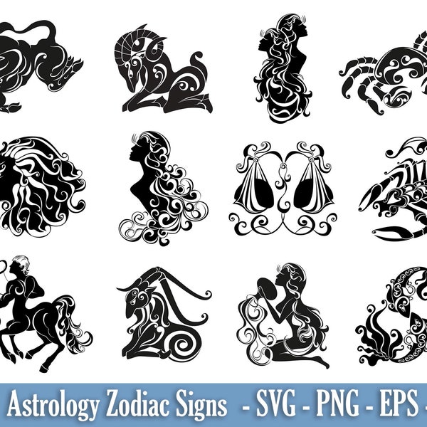 Zodiac Signs SVG  Bundle, Zodiac Sign clipart PNG, Zodiac sign silhouette, Horoscope  svg, Astrology Signs svg, Zodiac Sign Cricut Cut Files