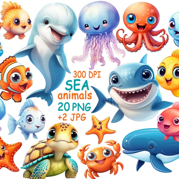 Sea animals clipart , Under the Sea clipart , Cute Ocean creatures PNG, Under the sea baby shower, Shark Turtle Octopus Jellyfish Whale Fish
