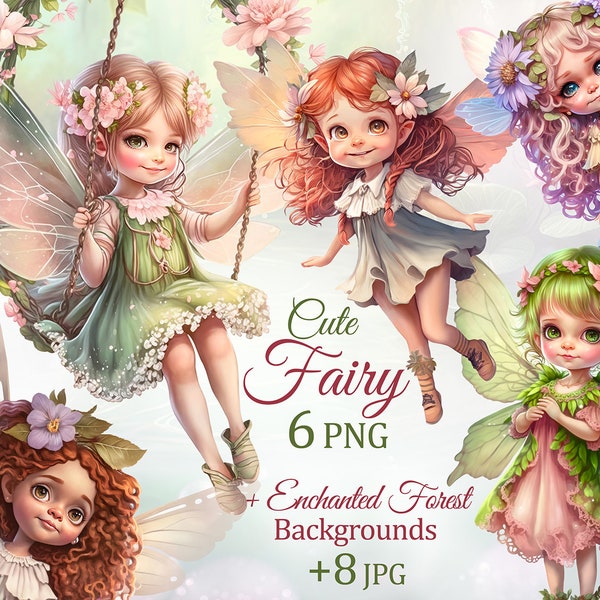 Cute Fairy clipart, Garden Fairy PNG, Flower Fairy with butterfly wings, Fantasy Enchanted Forest background, Magic wonderland digital paper