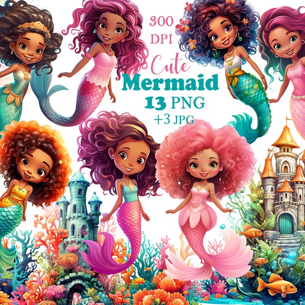 Black Mermaid clipart African American Mermaid PNG, Cute Little Mermaids clipart, Afro Baby girl, Under the sea Nursery digital design