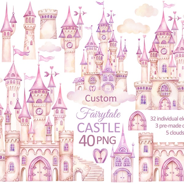 Fairytale Castle Clipart, Princess Castle PNG, Fairy tale Watercolor Clipart, Magical Kingdom, Pink Nursery art, girl baby shower, birthday