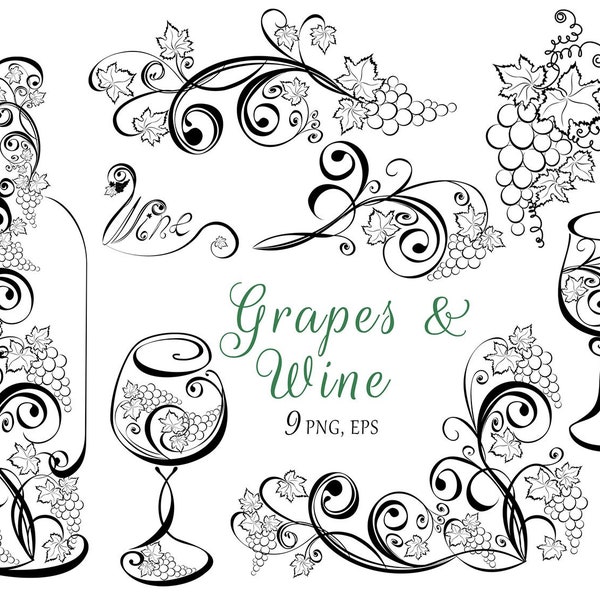 Wine Grape Clipart , Wine Bundle PNG, Grapevine Decor, Wine Glass Wineglass Bottle Clip Art, Vineyard Winery design EPS PNG Instant Download