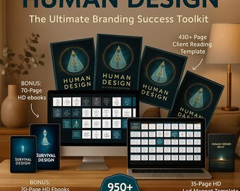 Op de afbeelding: Een promotieafbeelding voor een Human Design branding toolkit. De afbeelding toont de tekst "HUMAN DESIGN" en "The Ultimate Branding Success Toolkit". Het bevat e-books, sjablonen en een klantleessjabloon. Het ontwerp is bewerkbaar in Canva.