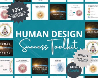 Op de afbeelding: Een turquoise afbeelding met de woorden "Human Design Success Toolkit" in witte letters. De afbeelding bevat verschillende diagrammen, grafieken en de tekst "135+ Social Media Templates". Een bonus van 35 pagina's is ook inbegrepen.