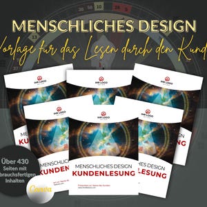 May include: A stack of white and black brochures with the text "Menschliches Design" and "Vorlage für das Lesen durch den Kunden". The brochures have a colorful galaxy design and the Canva logo.