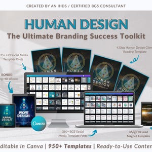 May include: A digital marketing toolkit with the text "HUMAN DESIGN" and "The Ultimate Branding Success Toolkit." The image includes a laptop, tablet, and phone displaying templates, plus bonus eBooks and social media posts. The Canva logo is also visible.