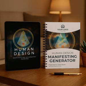 Może przedstawiać: Czarny tablet i spiralny notatnik z nadrukowanymi słowami "HUMAN DESIGN" i "MANIFESTING GENERATOR". Złoty długopis spoczywa na drewnianej powierzchni. Notatnik ma logo na górze.