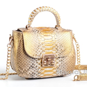 May include: A gold and beige snakeskin-patterned handbag with a top handle and a detachable shoulder strap. The bag features a gold chain strap and a gold clasp closure. The text "MagicLilin" is visible on the front.