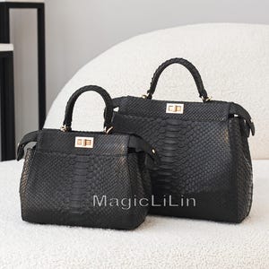 Black Python Skin Bag, Luxury Top Handle Handbag, Snake Skin Leather Shoulder Bag, Designer Large Crossbody Purse for Women