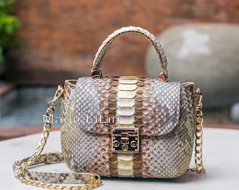 Bolsa transversal com alça superior em pele de cobra, bolsa transversal em couro de píton