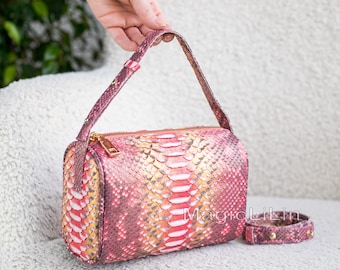 Bolsa transversal em couro de píton coral, bolsa de mão em pele de cobra exótica