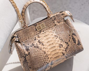 Exotic Python Leather Shoulder Bag, Snakeskin Crossbody, Top Handle