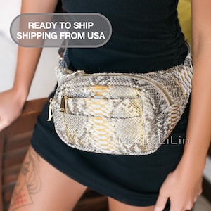 FAST SHIPPING to USA Gold Python Leather Bum Bag, Exotic Snake Skin Fanny Pack Bumbag, Chest Bag Moon Hip Bag Large Waist Belt Bag for Women