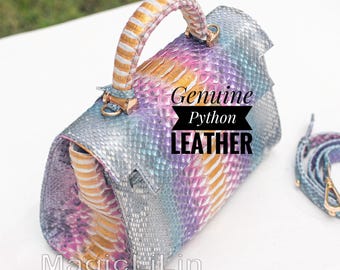 Python Leather Top Handle Bag, Genuine Snakeskin Structured Purse, Women’s Classy Shoulder Handbag,  Luxury Leather Designer Crossbody Bag