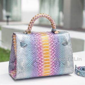 Python Leather Top Handle Bag, Genuine Snakeskin Structured Purse, Women’s Classy Shoulder Handbag,  Luxury Leather Designer Crossbody Bag