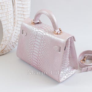 Pink Pearl Genuine Python Leather Top Handle Bag - Metallic Snakeskin Structured Crossbody Purse