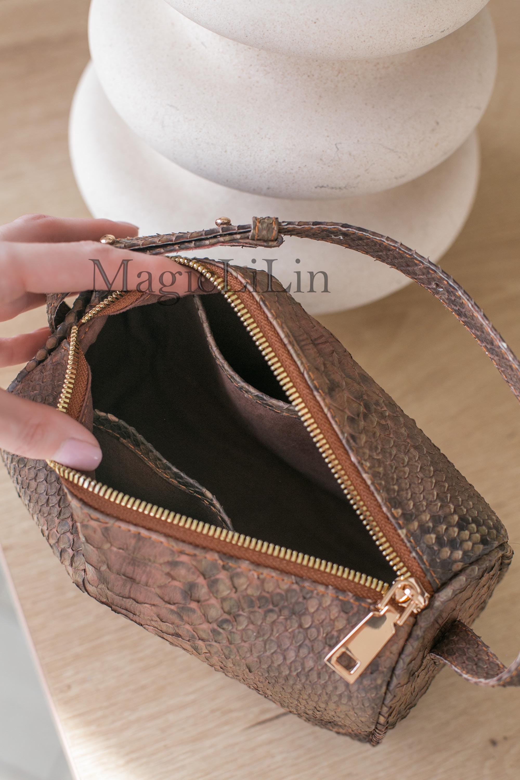 90s Python Leather Handbag, Genuine Snakeskin Top Handle Bag 