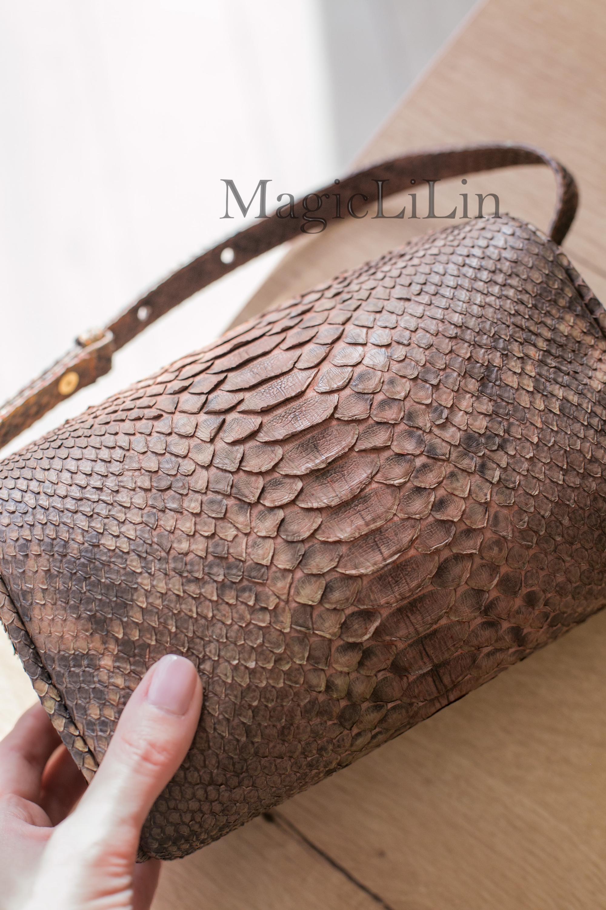 90s Python Leather Handbag, Genuine Snakeskin Top Handle Bag 