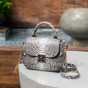 Genuine Snakeskin Crossbody Bag, Gray White Small Top Handle Purse, Natural Python Shoulder Handbag for Women