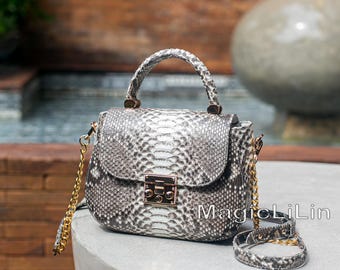 Bolsa transversal de pele de cobra genuína, bolsa pequena com alça superior cinza e branca, bolsa de ombro de píton natural para mulheres