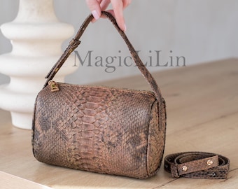 Bolsa de couro Python dos anos 90, bolsa de mão com alça superior em pele de cobra genuína