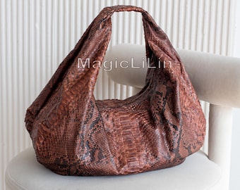 Oversized Python Leather Hobo Bag – Brown Snakeskin Slouchy Tote