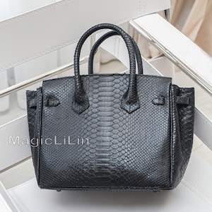 Snake skin black tote bag, Luxury designer handbags for women, Genuine python leather bag, Ladies elegant large handbag
