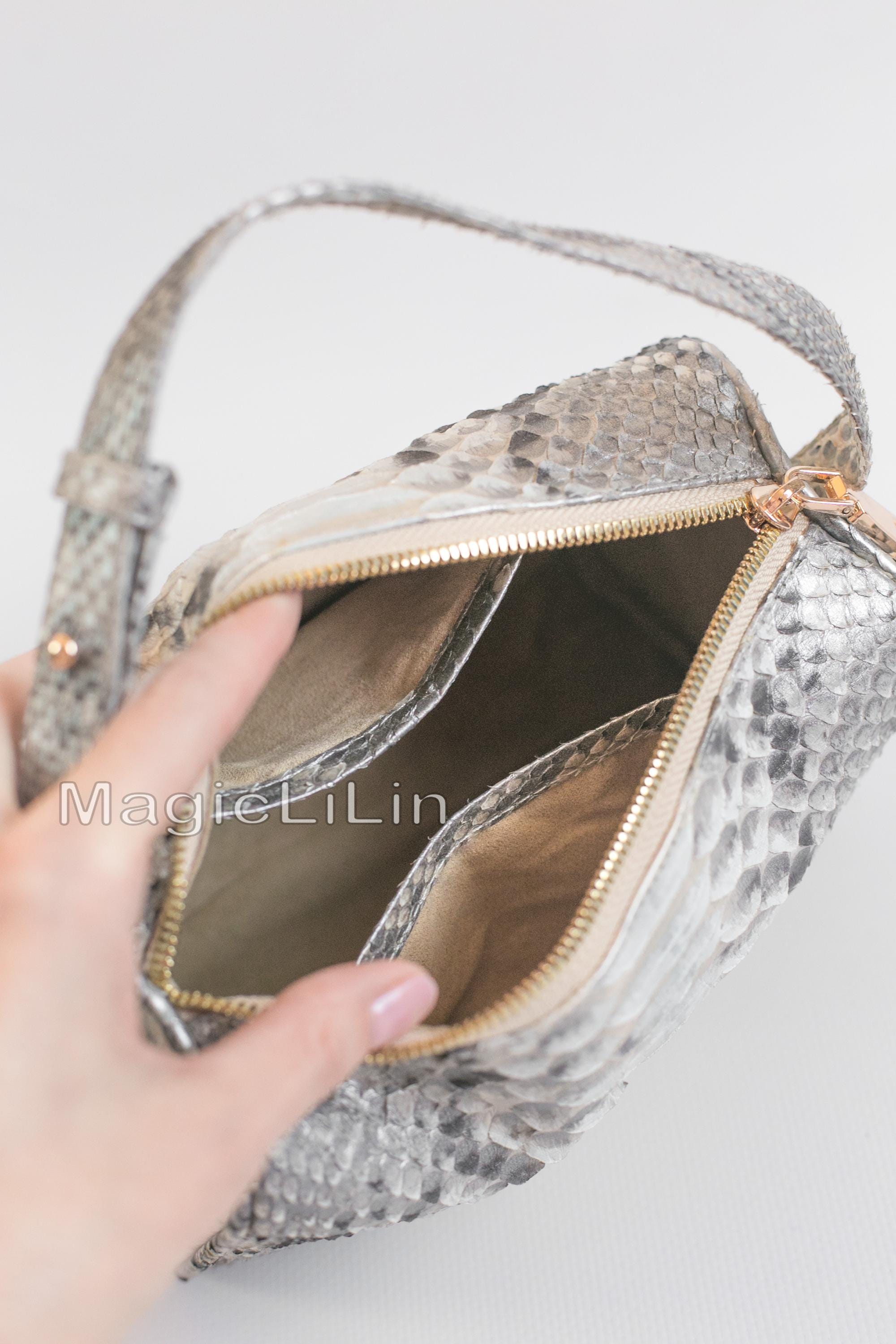 90s Python Leather Crossbody Bag – Snakeskin Top Handle Mini Purse 