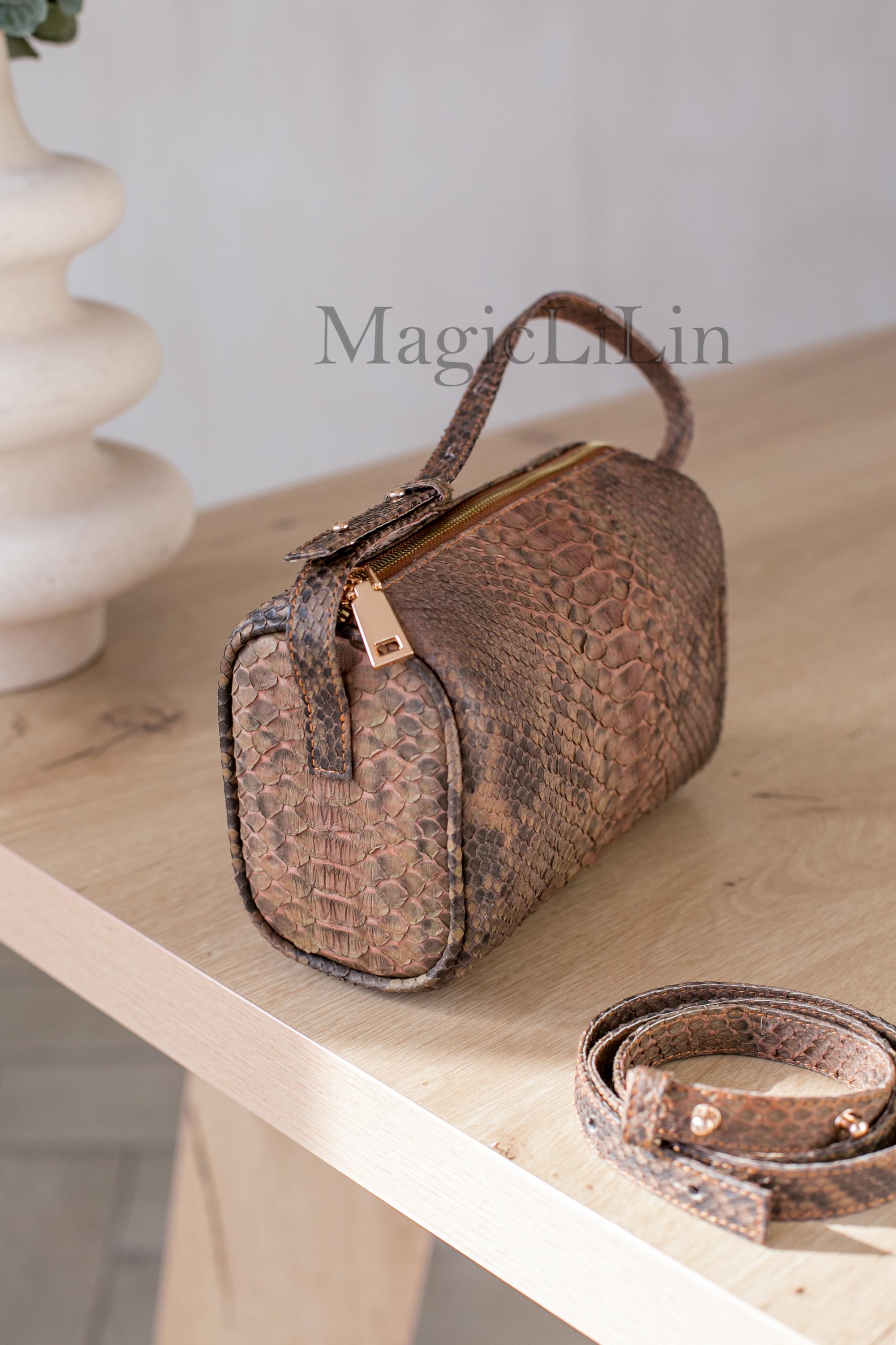 90s Python Leather Handbag, Genuine Snakeskin Top Handle Bag 